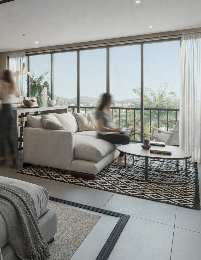 Sala integrada con terraza y jardin