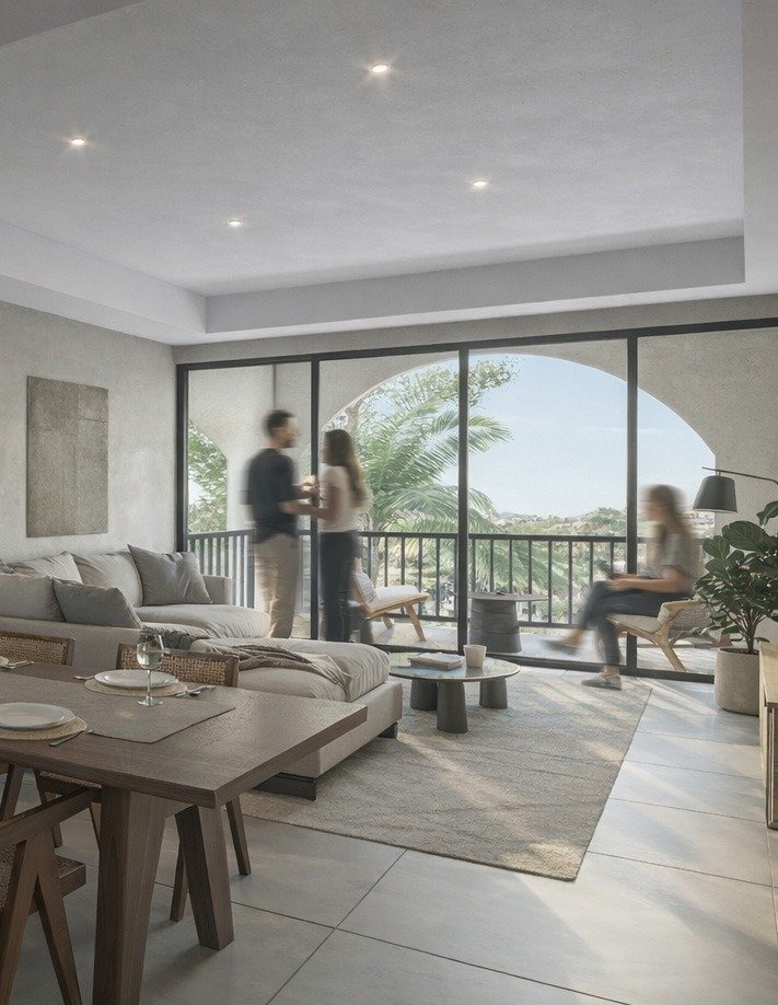 Sala y comedor con terraza arqueada