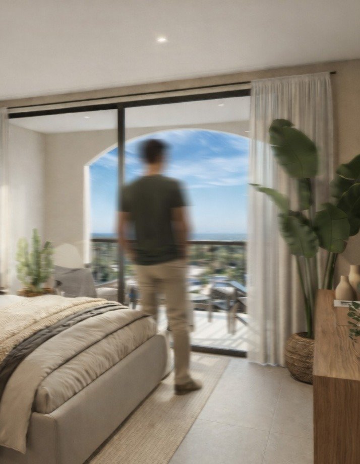 Recamara con terraza arqueada y vista al mar